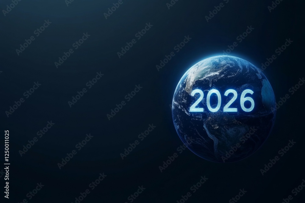 Poster blue background with a globe and the number 2026 on it