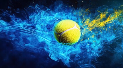 Fiery tennis ball in motion, blue and yellow flames.