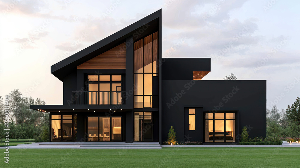 Poster modern geometric house with angular architecture and large windows. sleek black exterior contrasts b