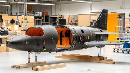 Lightweight Carbon Fiber Cockpit Structure Under Construction in Aerospace Engineering Facility Showcasing Advanced Manufacturing Techniques and Innovation in the Aviation Industry