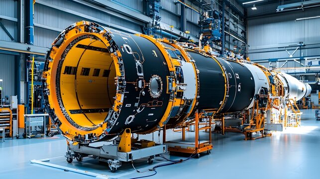 Lightweight and durable carbon fiber satellite casing being assembled and constructed within a high tech aerospace manufacturing facility