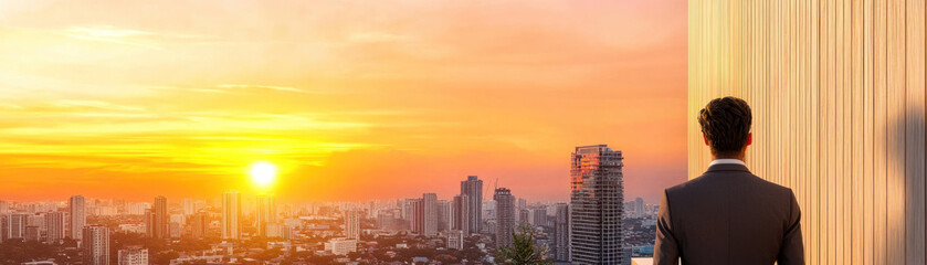Fototapeta premium man in suit gazes at stunning sunset over city skyline, reflecting on life