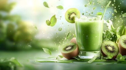 Refreshing and nourishing green smoothie made with fresh kiwi fruit and splashing liquid against a blurred natural background  Healthy organic and plant based beverage for clean eating