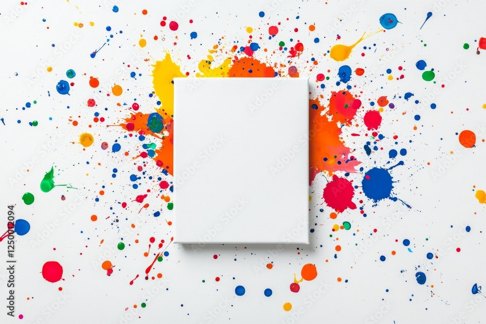 Poster white canvas with a black frame is surrounded by a colorful splatter of paint
