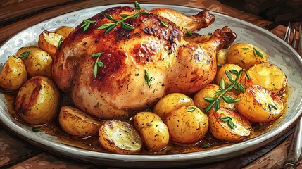 Roasted Chicken and Potatoes on Rustic Wooden Table