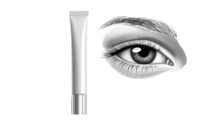 Close up of eye with cosmetic tube skincare ad on transparent background