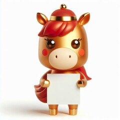 Cute character 3D image of a red gold horse holding a blank paper with a happy face on a white background