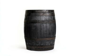 Fototapeta premium Black barrel with a wooden lid sits on a white background