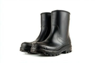 Two black rain boots with a white background