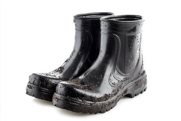 Two dirty black rain boots with mud on them