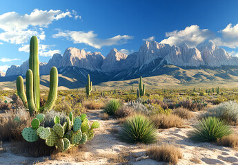 Desert landscape with cacti and mountains in the background, a beautiful desert scene featuring cacti and other desert plants. The image is photo-realistic, highly detailed, and of high resolution 