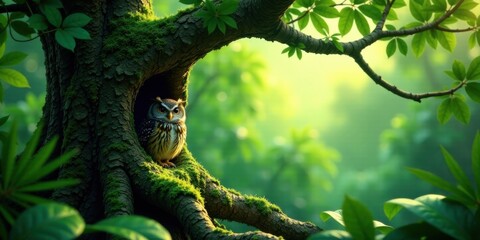 Serene Owl in Mossy Tree Hollow, Basking in Sunlight, Peaceful Forest Habitat