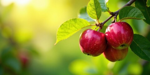 Vibrant Red Apples Hanging on a Lush Green Branch, Bathed in Warm Sunlight