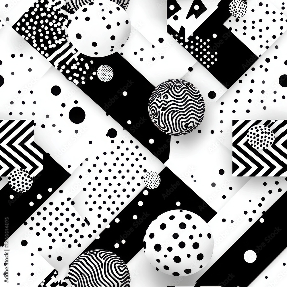 Aufkleber dynamic abstract black and white pattern with geometric shapes, dots, and lines in modern design