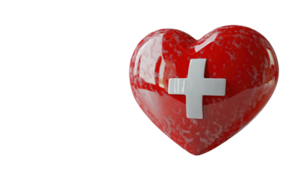 Red Heart with White Cross Medical Aid Symbol on transparent background