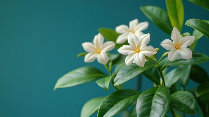 Naklejka premium White flowers, green leaves, teal background, indoor plant, nature