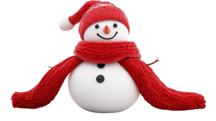 Adorable Snowman in Red Knitwear for Winter Holidays on transparent background