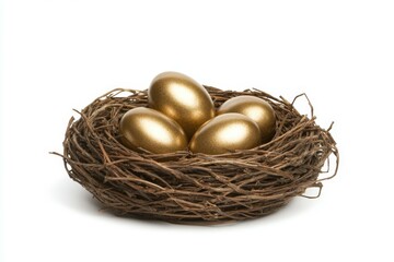 Obraz premium Nest of four golden eggs sits on a white background