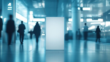 Blank Sign Stands in Modern Building Lobby, Attracting People Passing By Night