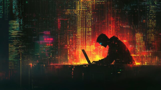 Hacker in the office using a computer for a cyber attack