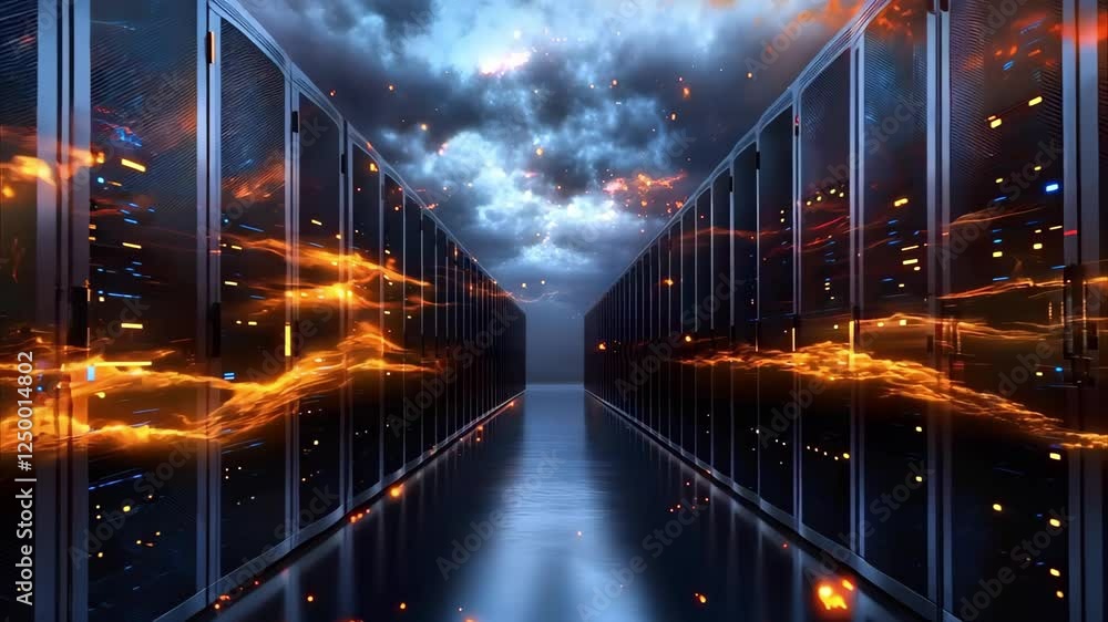Aufkleber a digital representation of a data center with server racks, surrounded by vibrant, surreal clouds a