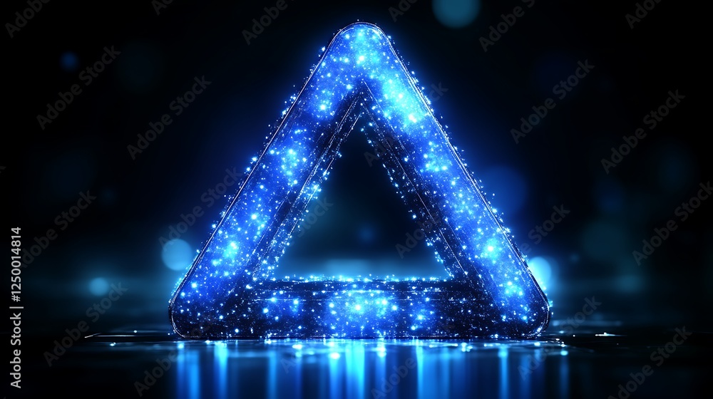 Poster luminous triangle frame with starry particles on a dark reflective surface