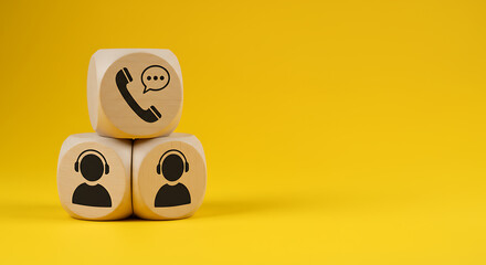 Stacked Wooden Blocks With Communication Icons On Yellow Background