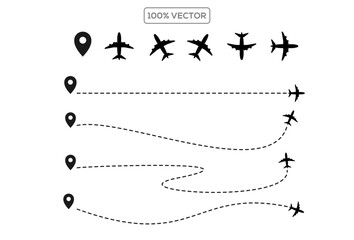 Airplane routes set. Plane paths. Aircraft tracking, planes, travel, map pins, location pins. Vector template