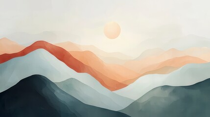 Serene Mountain Landscape Painting in Soft Blue Beige and Terracotta Hues
