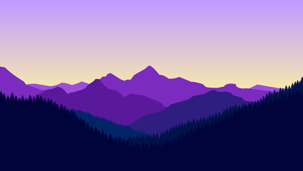 Purple mountain landscape wallpaper in a minimalist flat design style. Minimalist beauty background for desktop and wallpaper