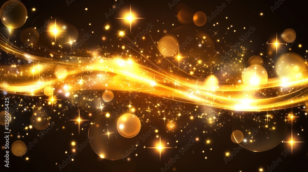 Poster golden sparkling waves with bokeh effects on dark background