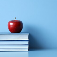 Red apple atop books, blue background, education concept