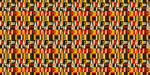 Abstract African art shapes seamless backgrounds, tribal geometric decoration patterns. Colored flat boho symbols illustrations	
