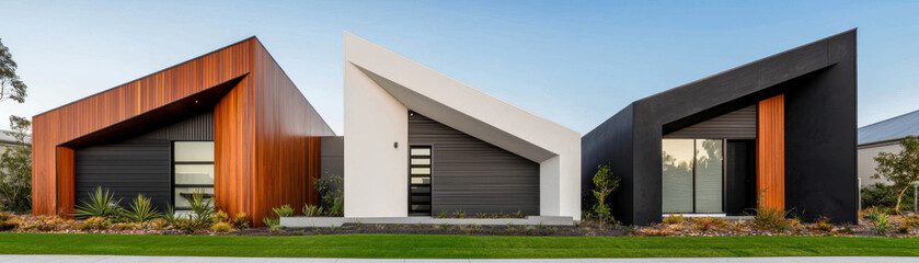 Fototapeta premium Sleek modern home with angular design featuring contrasting colors and textures. unique architecture creates striking visual