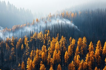 A misty landscape of burnt trees and vibrant orange foliage, illustrating the contrast between destruction and the resilience of nature.