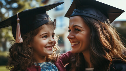 A mother adjusting her child's graduation cap, both with proud, tearful smiles