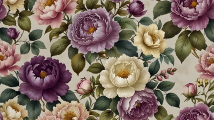A smooth wallpaper pattern with elaborate floral designs in a range of purple hues. Set on a gentle gradient background, delicate roses, orchids, and peonies entwine with wavy vines and foliage. The w
