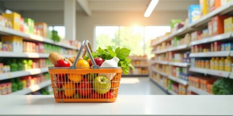 Orange shopping basket filled with fresh produce and dairy products rests on a counter in a brightly lit grocery store aisle