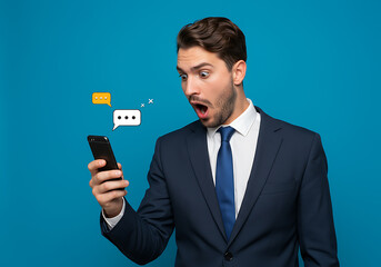Surprised Businessman Looking At Smartphone On Light Blue Background