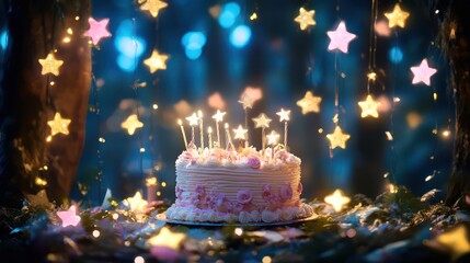 A magical birthday party with fairy lights, enchanted forest trees, and floating stars surrounding a birthday cake, creating a whimsical atmosphere.