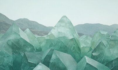 Obraz premium Green crystals in desert mountainscape; serene nature background