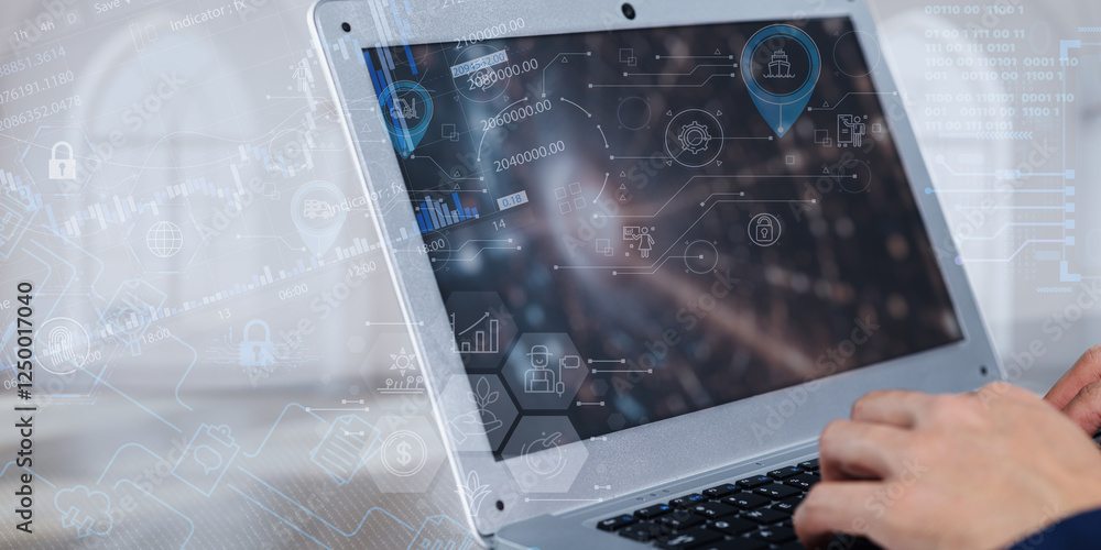 Poster concept of iot connectivity with data visualization on a laptop screen
