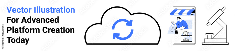 Aufkleber cloud synchronization icon, smartphone with e-commerce store, and microscope symbolizing cloud-based