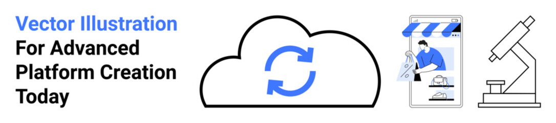 Cloud synchronization icon, smartphone with e-commerce store, and microscope symbolizing cloud-based technology, online services, and innovation. Ideal for technology, research, e-commerce, data