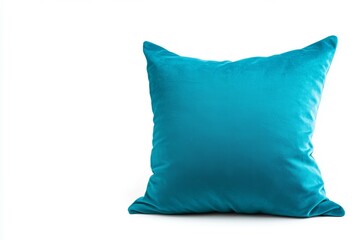Blue pillow sits on a white background