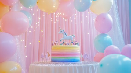 A magical unicorn birthday setup with a pastel backdrop, sparkles, a rainbow cake, and balloons, creating a whimsical, colorful celebration.