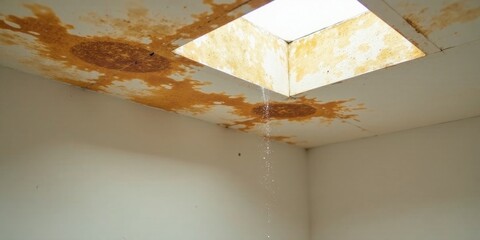 Water Damage Above a Square Skylight Showing Rust Stains and Dripping Water