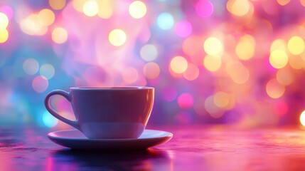 Fototapeta premium Steaming Coffee Cup with Colorful Bokeh Lights