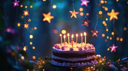 A magical birthday party with fairy lights, enchanted forest trees, and floating stars surrounding a birthday cake, creating a whimsical atmosphere.
