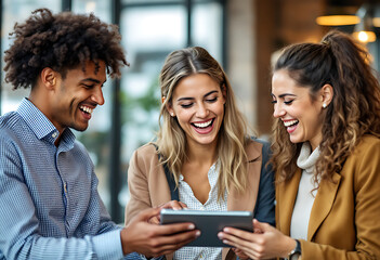 Three Diverse Business People Engaged in Collaborative Discussion Using Digital Tablet In Cafe